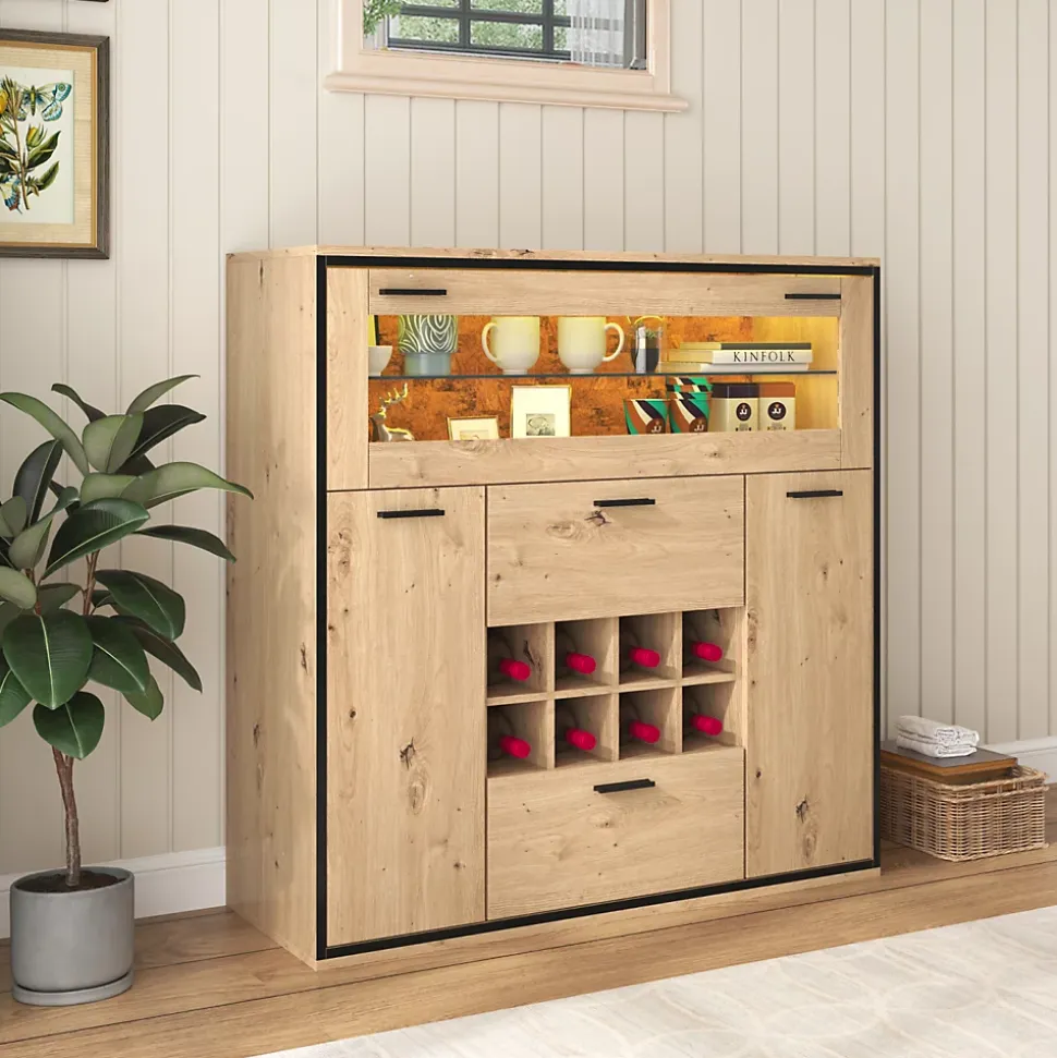 Buffet Élégant Avec Portes Doubles, Étagères En Verre Et Casier à Vin - Rangement Parfait, Bois