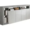 Buffet MAESTRO - Décor béton et blanc laqué brillant - 4 portes - L 184 x P 42 x H 93 cm