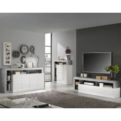 Buffet MAESTRO - Décor béton et blanc laqué brillant - 4 portes - L 184 x P 42 x H 93 cm
