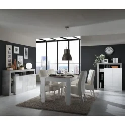 Buffet MAESTRO - Décor béton et blanc laqué brillant - 4 portes - L 184 x P 42 x H 93 cm
