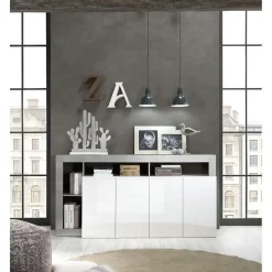 Buffet MAESTRO - Décor béton et blanc laqué brillant - 4 portes - L 184 x P 42 x H 93 cm