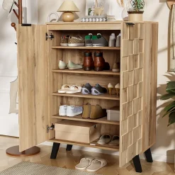 Buffet Meuble à Chaussures avec 5 Compartiments et Étagères Réglables - Pour entrée Salon - 80,5x35x109,5 cm - Naturel