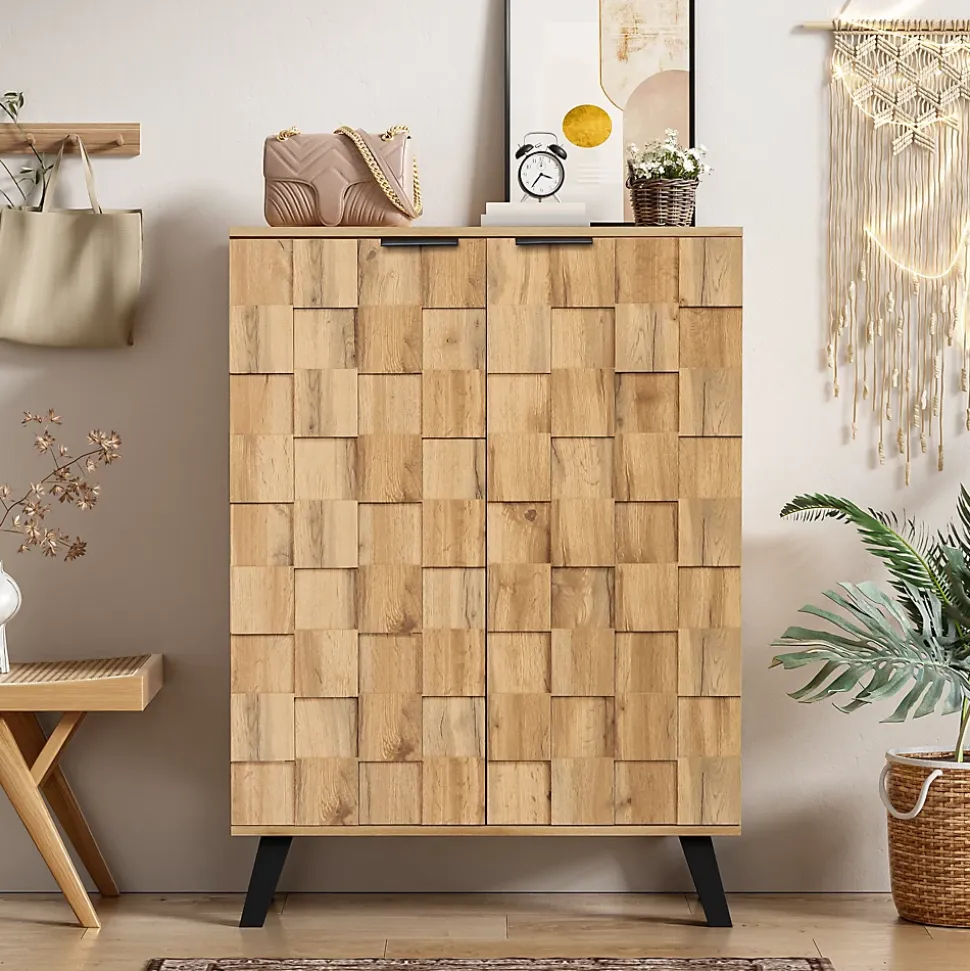 Buffet Meuble à Chaussures avec 5 Compartiments et Étagères Réglables - Pour entrée Salon - 80,5x35x109,5 cm - Naturel