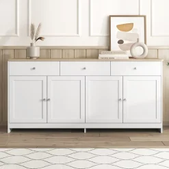 Buffet, Meuble de Rangement avec 3 Tiroirs et 4 Portes, design Moderne Scandinave, MDF, Blanc et Chêne Clair, 160x37x75 cm