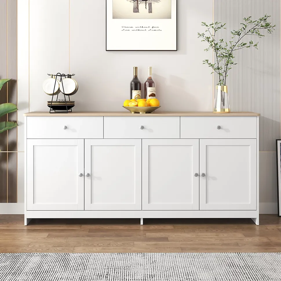Buffet, Meuble de Rangement avec 3 Tiroirs et 4 Portes, design Moderne Scandinave, MDF, Blanc et Chêne Clair, 160x37x75 cm