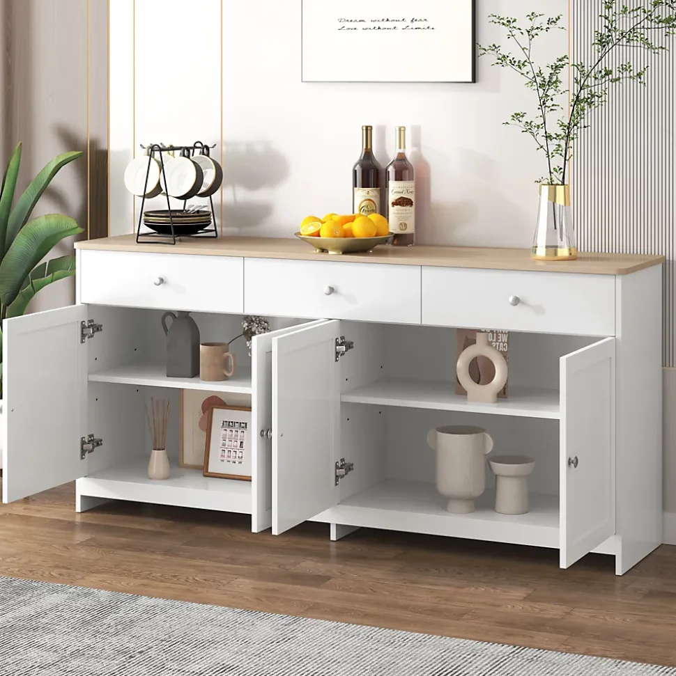 Buffet, Meuble de Rangement avec 3 Tiroirs et 4 Portes, design Moderne Scandinave, MDF, Blanc et Chêne Clair, 160x37x75 cm