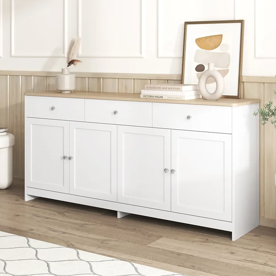 Buffet, Meuble de Rangement avec 3 Tiroirs et 4 Portes, design Moderne Scandinave, MDF, Blanc et Chêne Clair, 160x37x75 cm