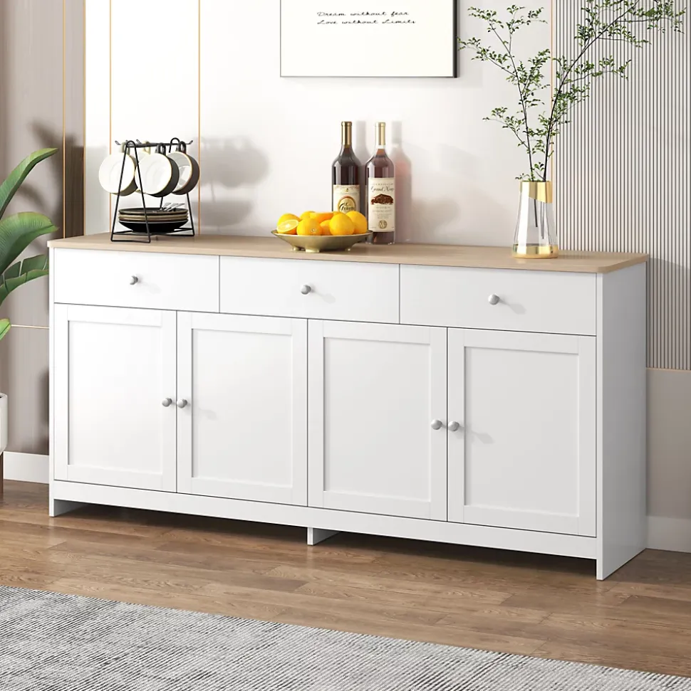 Buffet, Meuble de Rangement avec 3 Tiroirs et 4 Portes, design Moderne Scandinave, MDF, Blanc et Chêne Clair, 160x37x75 cm
