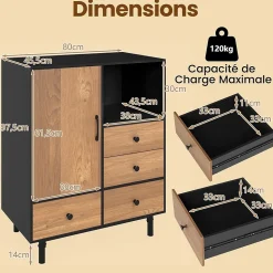 Buffet Meuble de Rangement,Style Moderne avec 4 Tiroir et Compartiment Ouvert,avec Pieds Métalliques Surélevé Robuste (Noir)