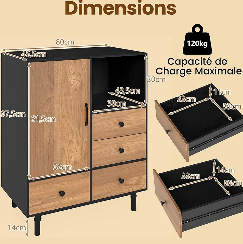 Buffet Meuble de Rangement,Style Moderne avec 4 Tiroir et Compartiment Ouvert,avec Pieds Métalliques Surélevé Robuste (Noir)