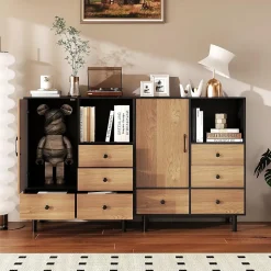 Buffet Meuble de Rangement,Style Moderne avec 4 Tiroir et Compartiment Ouvert,avec Pieds Métalliques Surélevé Robuste (Noir)