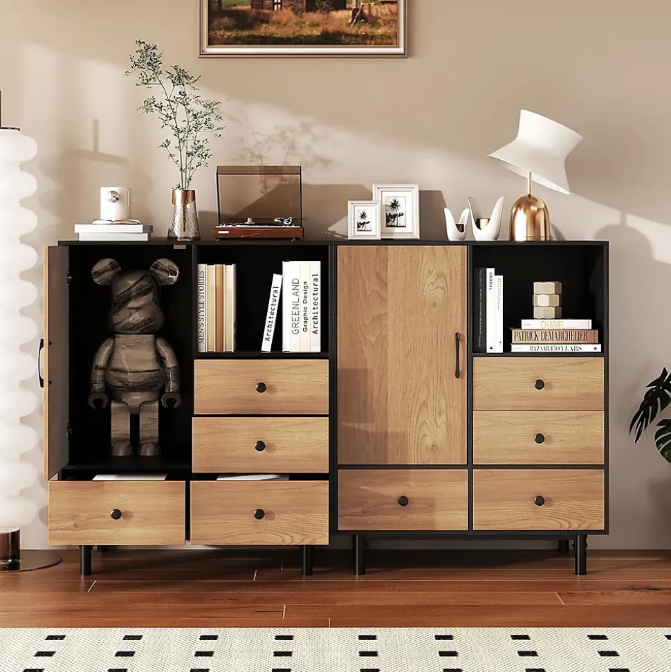 Buffet Meuble de Rangement,Style Moderne avec 4 Tiroir et Compartiment Ouvert,avec Pieds Métalliques Surélevé Robuste (Noir)