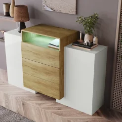 Buffet moderne 140 cm, commode en blanc brillant et bois, effets lumineux LED multicolores, solution de rangement élégante