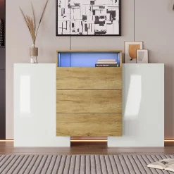 Buffet moderne 140 cm, commode en blanc brillant et bois, effets lumineux LED multicolores, solution de rangement élégante