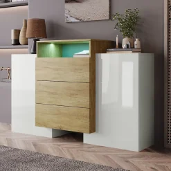 Buffet moderne 140 cm, commode en blanc brillant et bois, effets lumineux LED multicolores, solution de rangement élégante