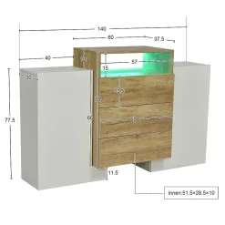 Buffet moderne 140 cm, commode en blanc brillant et bois, effets lumineux LED multicolores, solution de rangement élégante