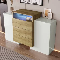 Buffet moderne 140 cm, commode en blanc brillant et bois, effets lumineux LED multicolores, solution de rangement élégante