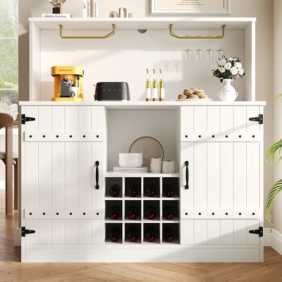 Buffet Moderne - Meuble Bar avec Porte-Verres et Étagères de Rangement - MDF + Métal - Blanc - 120x40x120 cm