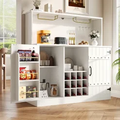 Buffet Moderne - Meuble Bar avec Porte-Verres et Étagères de Rangement - MDF + Métal - Blanc - 120x40x120 cm