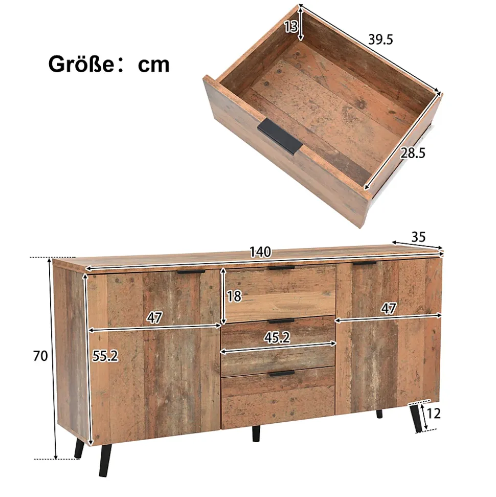 Buffet Moderne - Meuble TV avec 3 Tiroirs et 2 Portes, Étagères Réglables pour Salon ou Chambre, Bois Marron, 140x35x70 cm