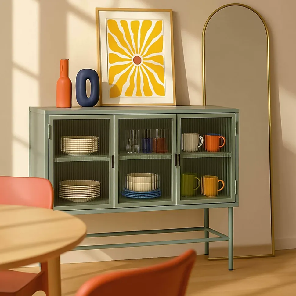 Buffet moderne 3 portes 120 cm en métal et verre vert sauge Oviala