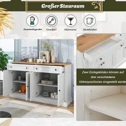 Buffet moderne 4 portes 2 tiroirs 150x86x40 cm, blanc antique & bois naturel, élégant pour salle à manger/salon