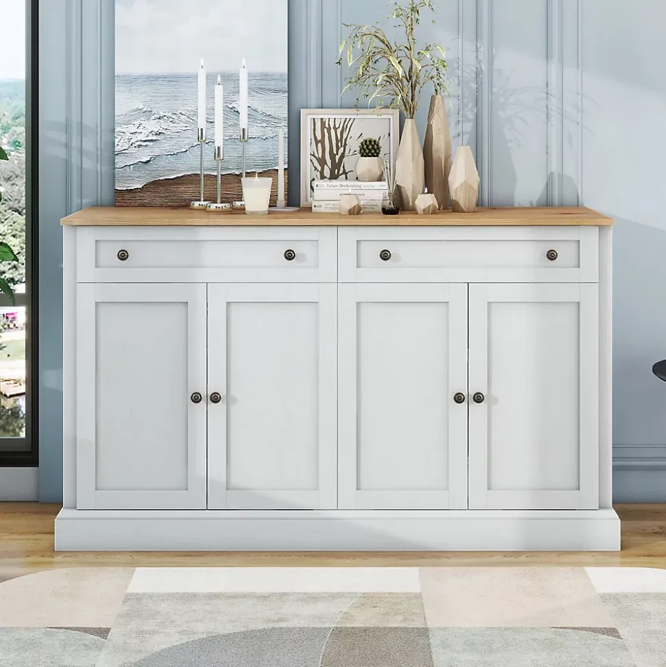 Buffet moderne 4 portes 2 tiroirs 150x86x40 cm, blanc antique & bois naturel, élégant pour salle à manger/salon