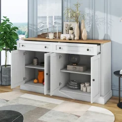 Buffet moderne 4 portes 2 tiroirs 150x86x40 cm, blanc antique & bois naturel, élégant pour salle à manger/salon