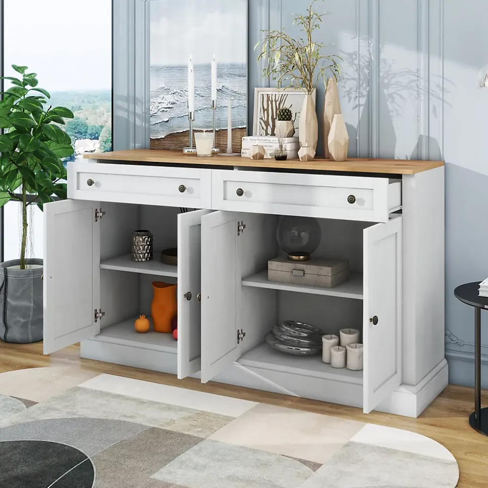 Buffet moderne 4 portes 2 tiroirs 150x86x40 cm, blanc antique & bois naturel, élégant pour salle à manger/salon