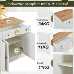 Buffet moderne 4 portes 2 tiroirs 150x86x40 cm, blanc antique & bois naturel, élégant pour salle à manger/salon