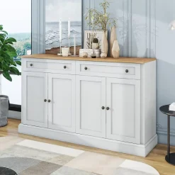 Buffet moderne 4 portes 2 tiroirs 150x86x40 cm, blanc antique & bois naturel, élégant pour salle à manger/salon