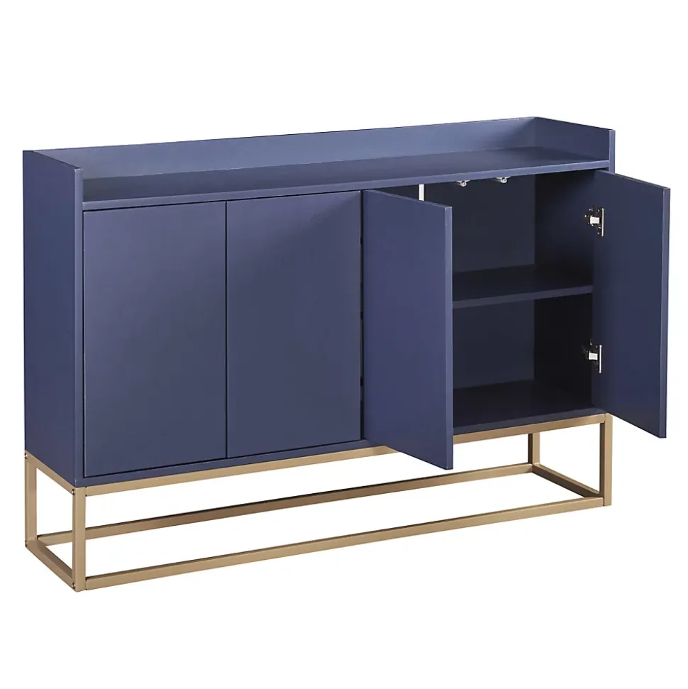 Buffet moderne 4 portes, armoire de rangement sans poignée, meuble polyvalent pour salon, chambre, salle de bain, bleu
