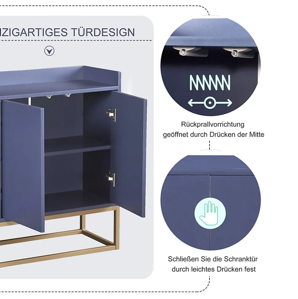 Buffet moderne 4 portes, armoire de rangement sans poignée, meuble polyvalent pour salon, chambre, salle de bain, bleu