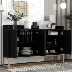 Buffet moderne 4 portes, armoire de rangement sans poignée, meuble polyvalent pour salon, chambre, salle de bain, noir