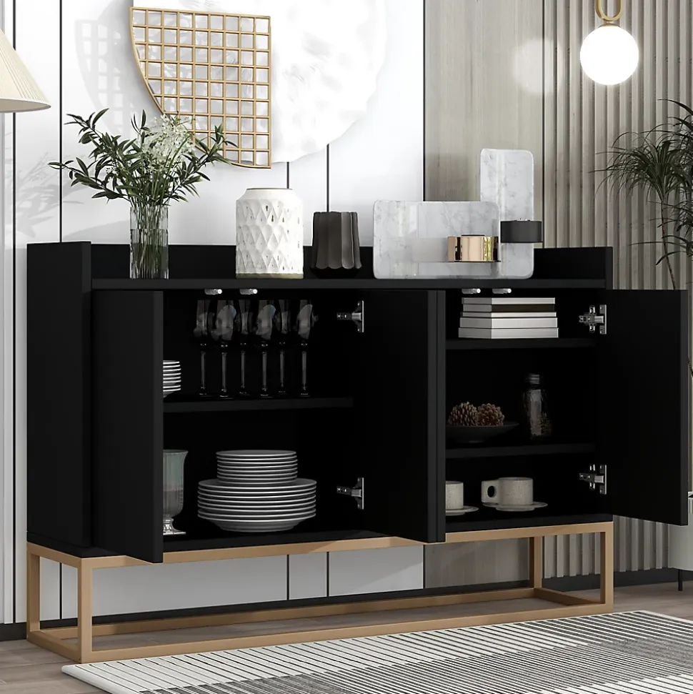 Buffet moderne 4 portes, armoire de rangement sans poignée, meuble polyvalent pour salon, chambre, salle de bain, noir