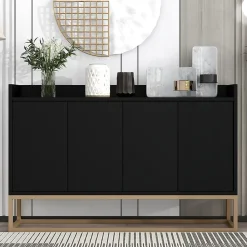 Buffet moderne 4 portes, armoire de rangement sans poignée, meuble polyvalent pour salon, chambre, salle de bain, noir