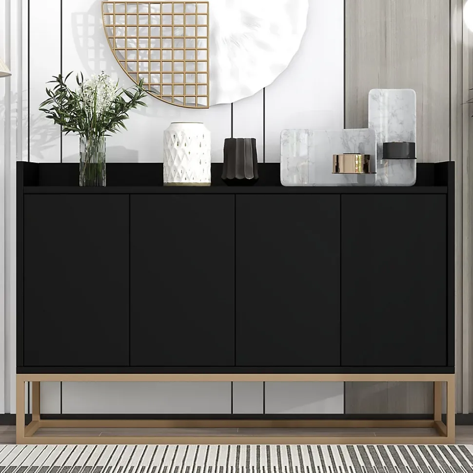 Buffet moderne 4 portes, armoire de rangement sans poignée, meuble polyvalent pour salon, chambre, salle de bain, noir