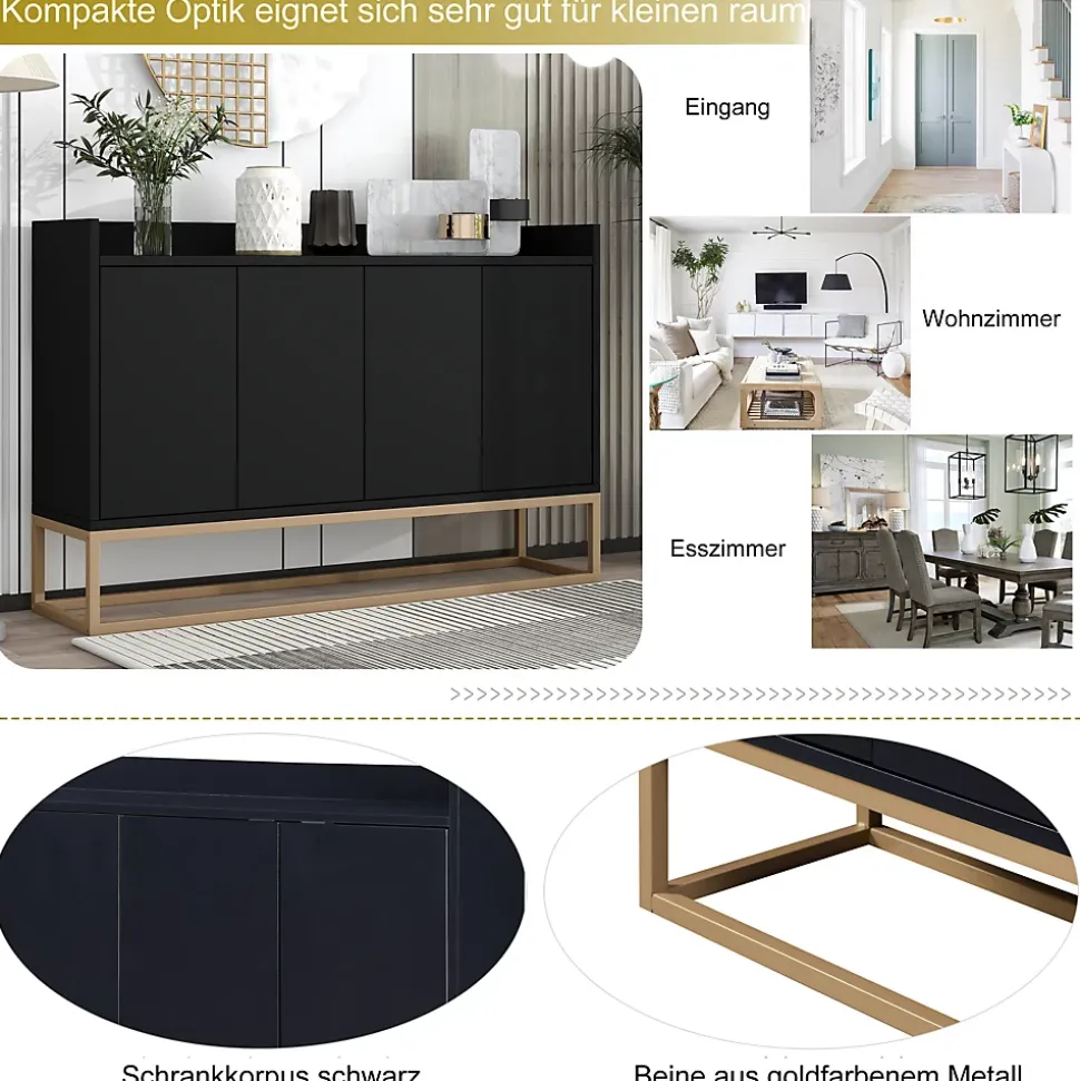 Buffet moderne 4 portes, armoire de rangement sans poignée, meuble polyvalent pour salon, chambre, salle de bain, noir