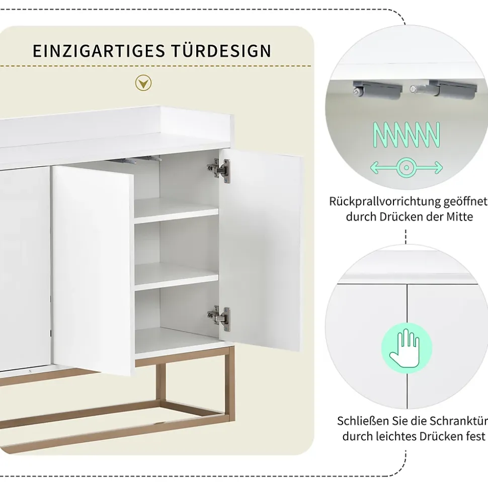 Buffet moderne 4 portes, armoire de rangement sans poignée, meuble polyvalent pour salon, chambre, salle de bain, blanc