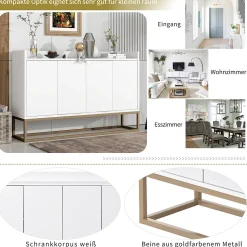 Buffet moderne 4 portes, armoire de rangement sans poignée, meuble polyvalent pour salon, chambre, salle de bain, blanc