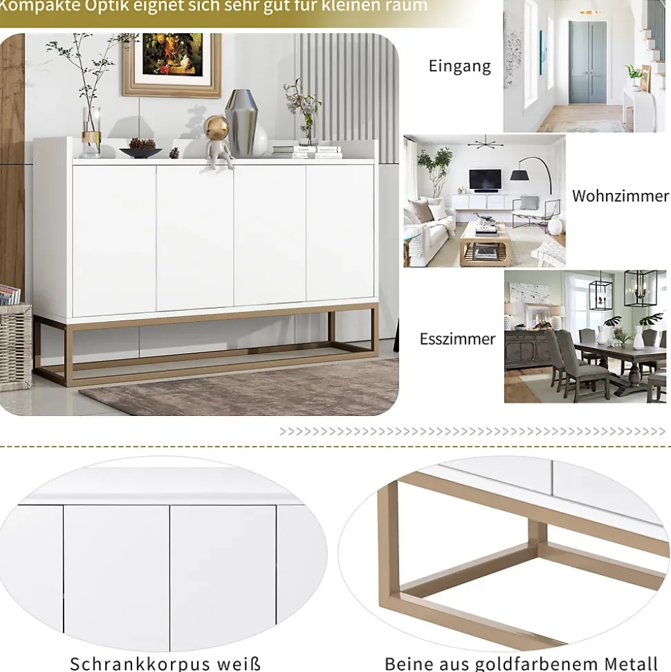 Buffet moderne 4 portes, armoire de rangement sans poignée, meuble polyvalent pour salon, chambre, salle de bain, blanc