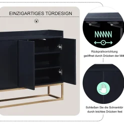 Buffet moderne 4 portes sans poignées, Design minimaliste noir, élégant et pratique pour salle à manger, salon et cuisine