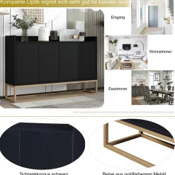 Buffet moderne 4 portes sans poignées, Design minimaliste noir, élégant et pratique pour salle à manger, salon et cuisine