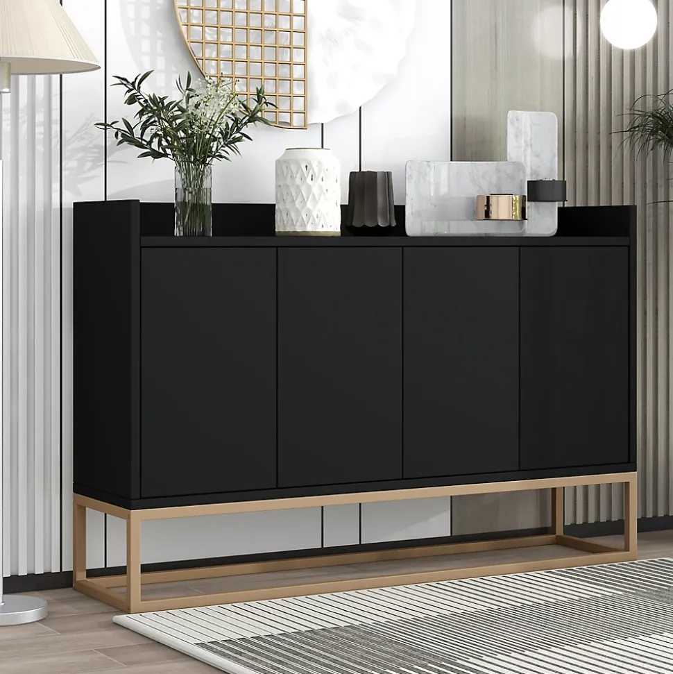 Buffet moderne 4 portes sans poignées, Design minimaliste noir, élégant et pratique pour salle à manger, salon et cuisine
