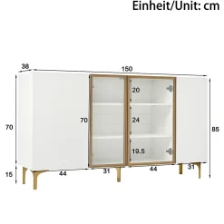 Buffet Moderne avec 4 Portes et Panneaux en Verre et Métal, Bahut Contemporain de Salon en MDF - 150x38x85 cm, Blanc