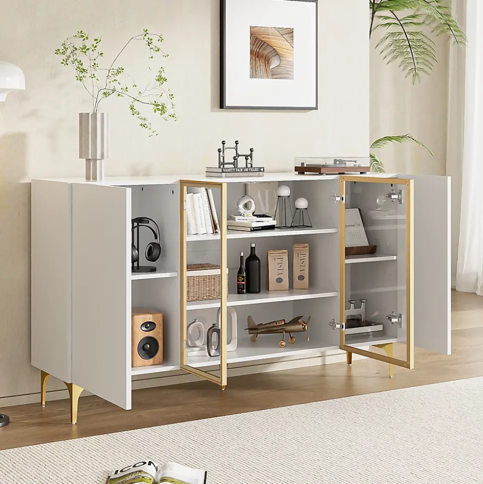 Buffet Moderne avec 4 Portes et Panneaux en Verre et Métal, Bahut Contemporain de Salon en MDF - 150x38x85 cm, Blanc