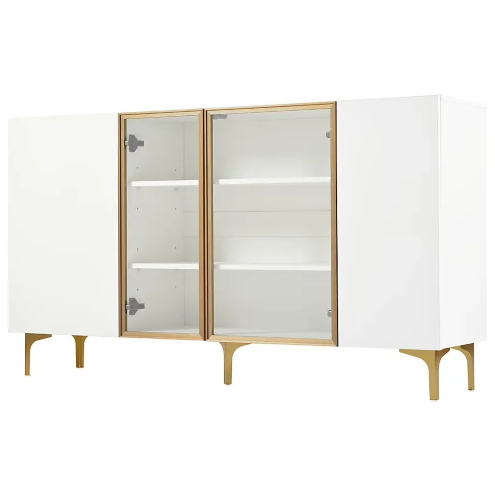 Buffet Moderne avec 4 Portes et Panneaux en Verre et Métal, Bahut Contemporain de Salon en MDF - 150x38x85 cm, Blanc