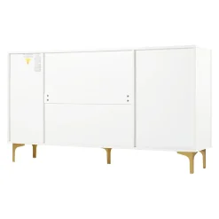 Buffet Moderne avec 4 Portes et Panneaux en Verre et Métal, Bahut Contemporain de Salon en MDF - 150x38x85 cm, Blanc