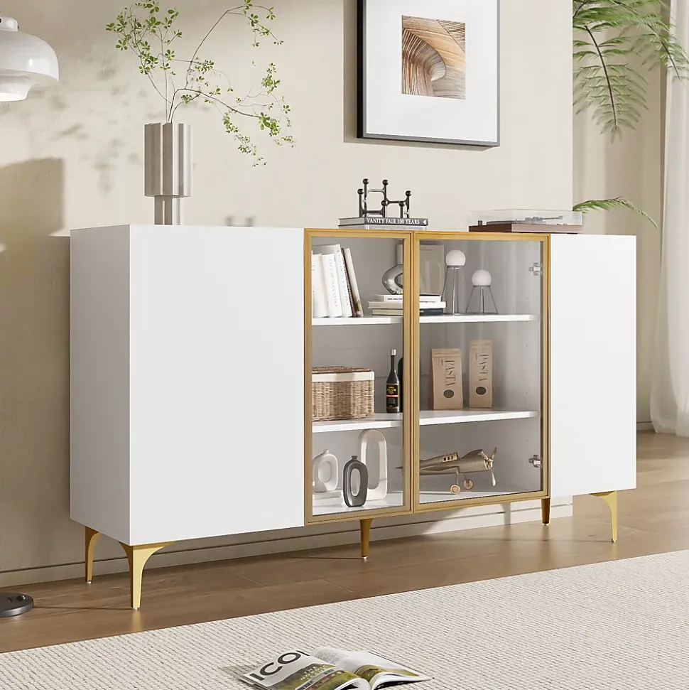 Buffet Moderne avec 4 Portes et Panneaux en Verre et Métal, Bahut Contemporain de Salon en MDF - 150x38x85 cm, Blanc