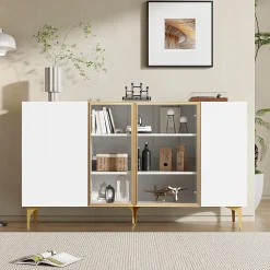 Buffet Moderne avec 4 Portes et Panneaux en Verre et Métal, Bahut Contemporain de Salon en MDF - 150x38x85 cm, Blanc